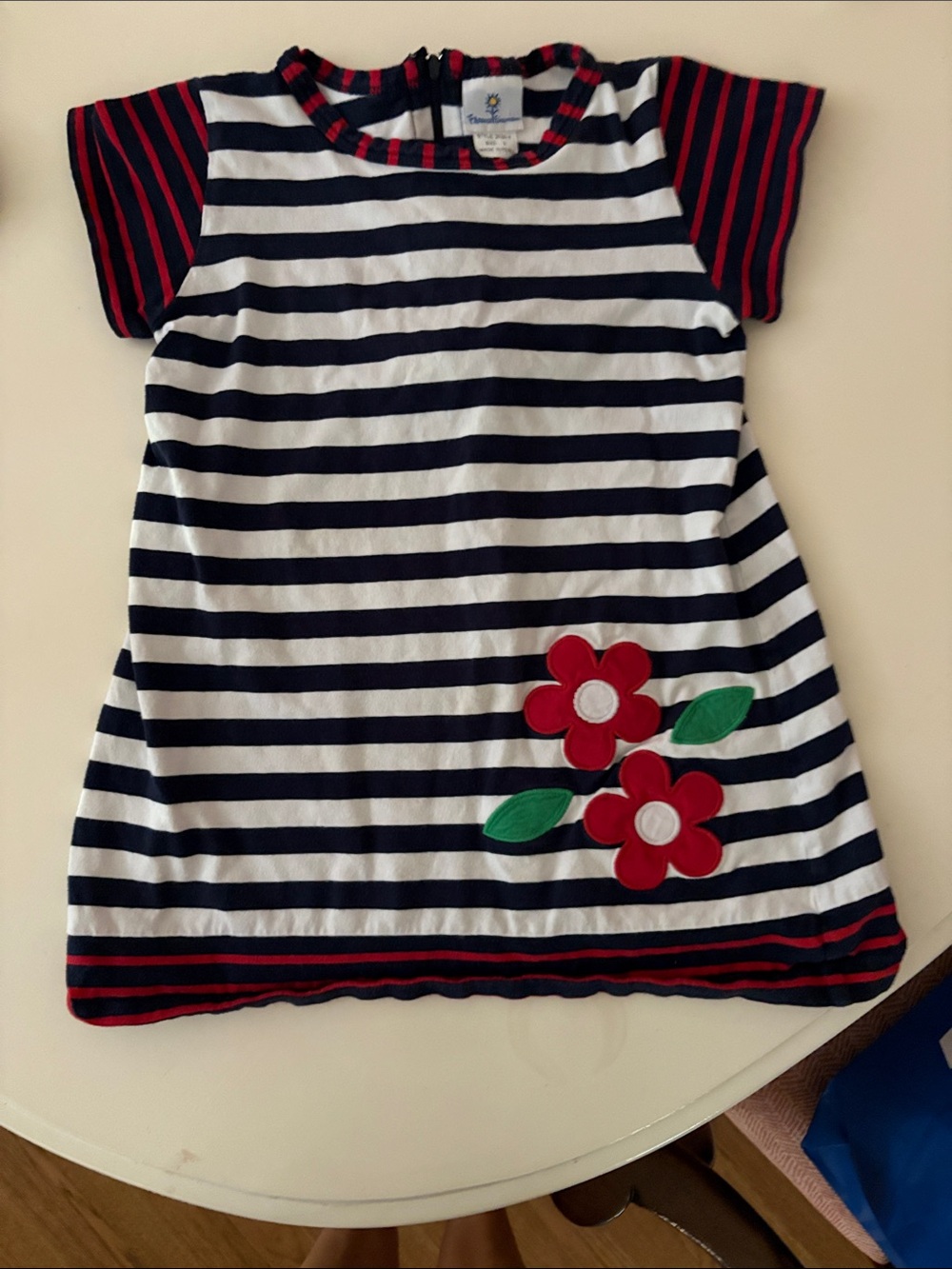 Florence Eiseman Navy & White Striped Tee with Red Floral Appliqué